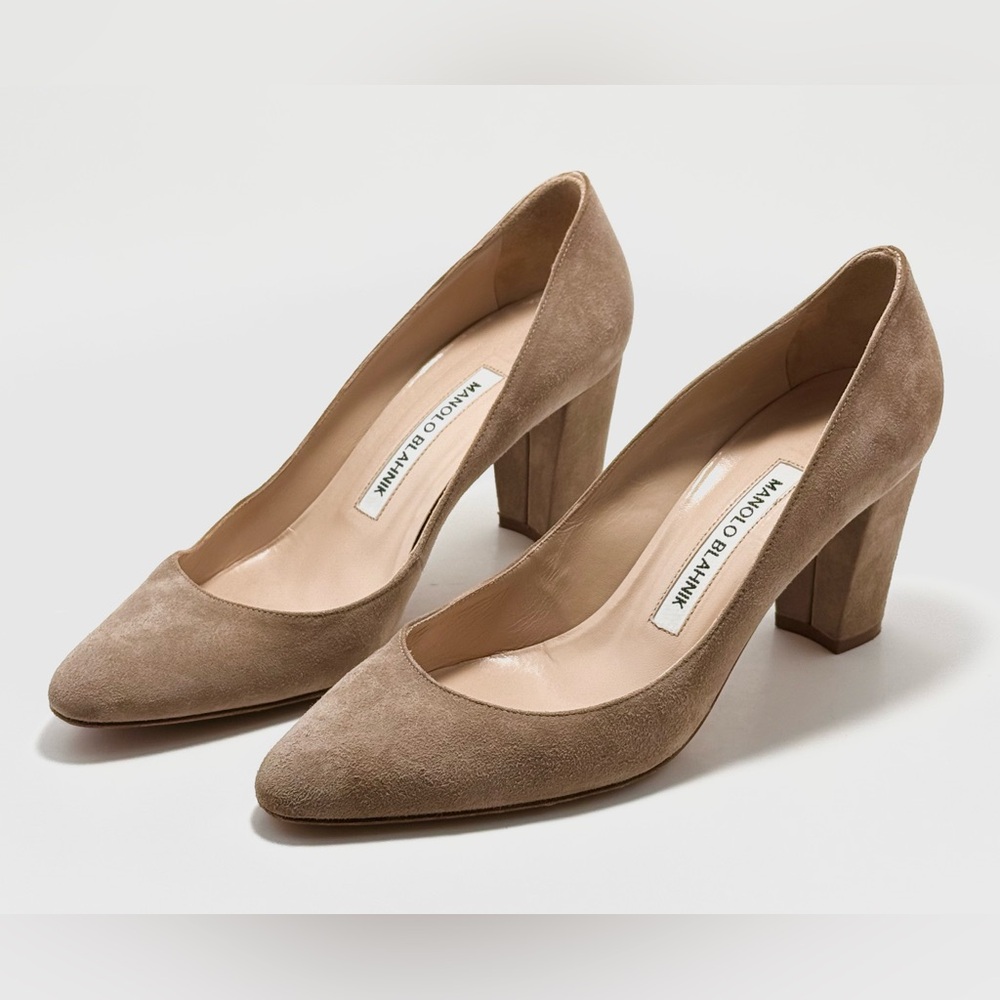 Manolo Blahnik Taupe Suede Pointed Toe Block Heels